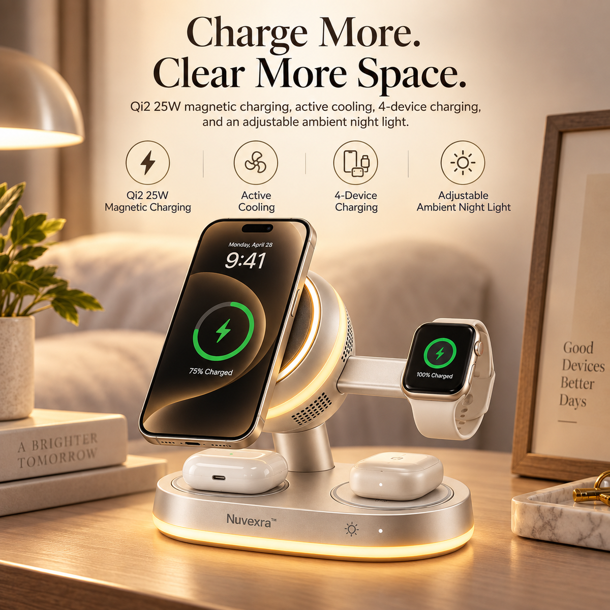 Nuvexra™ AeroGlow 4-in-1 Magnetic Wireless Charging Stand — Qi2 25W, Active Cooling & Night Light