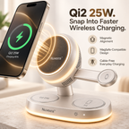 Nuvexra™ AeroGlow 4-in-1 Magnetic Wireless Charging Stand — Qi2 25W, Active Cooling & Night Light