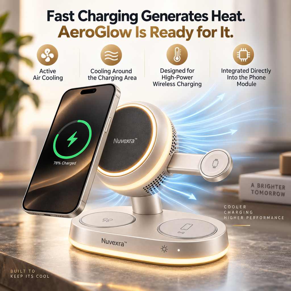 Nuvexra™ AeroGlow 4-in-1 Magnetic Wireless Charging Stand — Qi2 25W, Active Cooling & Night Light