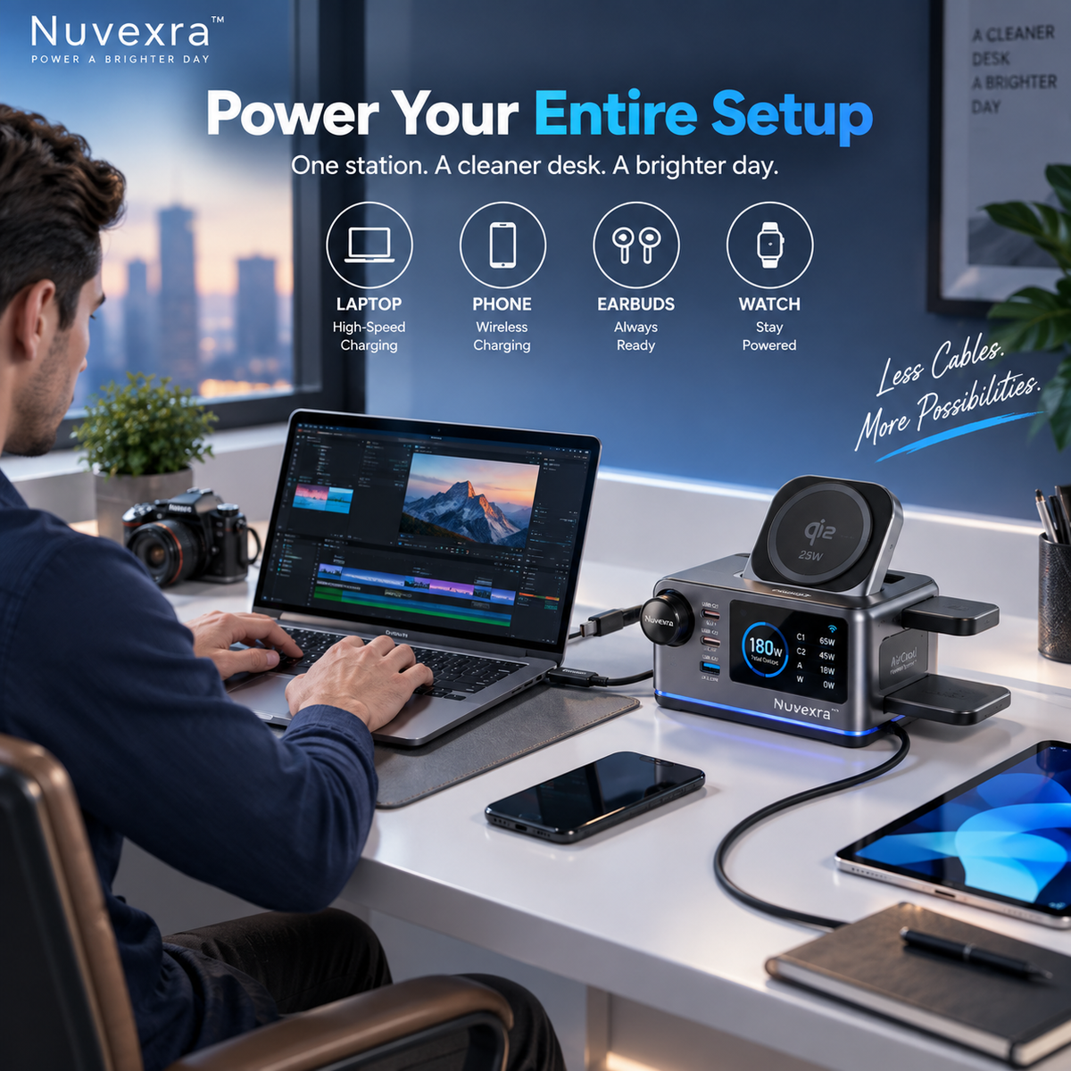 Nuvexra™ VoltSphere 180W SiC Smart Charging Station — 3-in-1 Wireless, Qi2 25W, Smart Display & Air Cooling