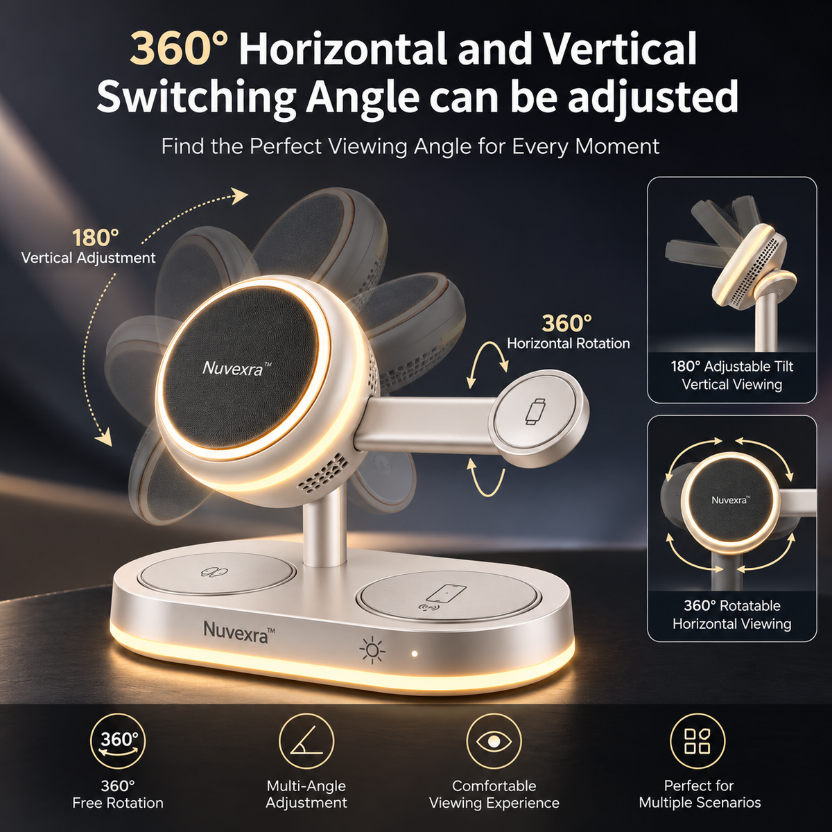 Nuvexra™ AeroGlow 4-in-1 Magnetic Wireless Charging Stand — Qi2 25W, Active Cooling & Night Light