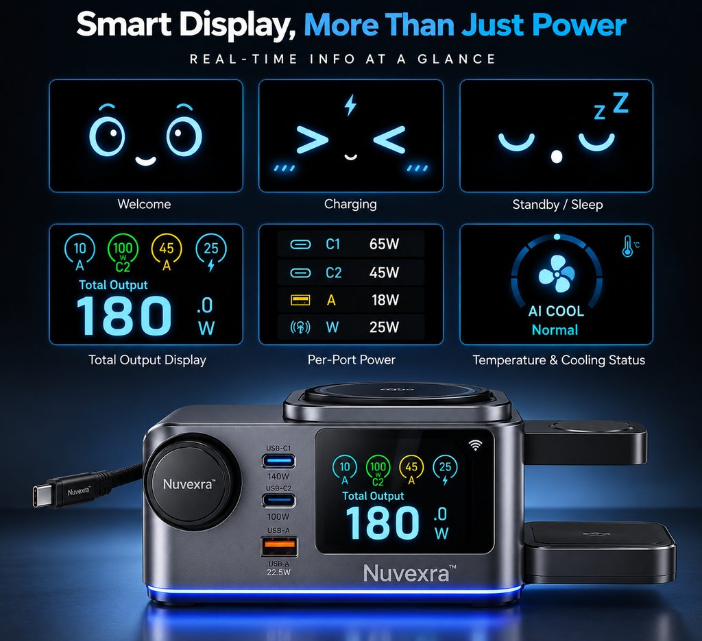 Nuvexra™ VoltSphere 180W SiC Smart Charging Station — 3-in-1 Wireless, Qi2 25W, Smart Display & Air Cooling