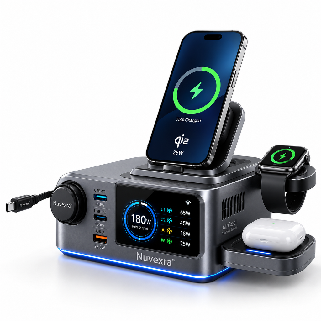 Nuvexra™ VoltSphere 180W SiC Smart Charging Station — 3-in-1 Wireless, Qi2 25W, Smart Display & Air Cooling